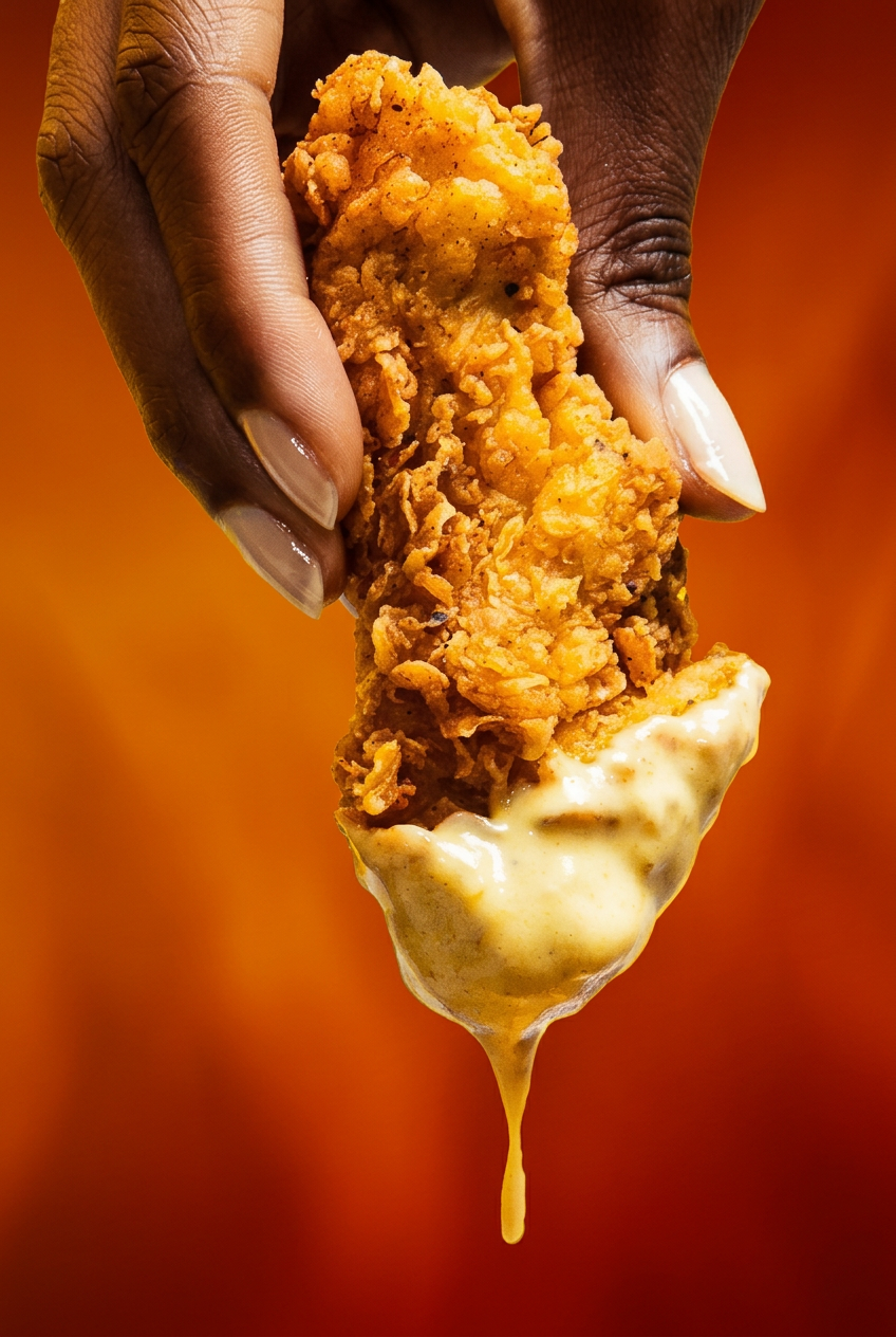 Hand holding a crispy fried chicken tender dipped in sauce